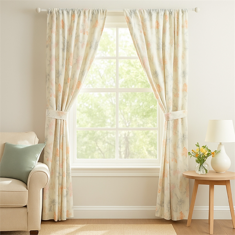 Benjara Loso 2 Panel Curtain Set- Microfiber- Soft White Green Floral Pattern