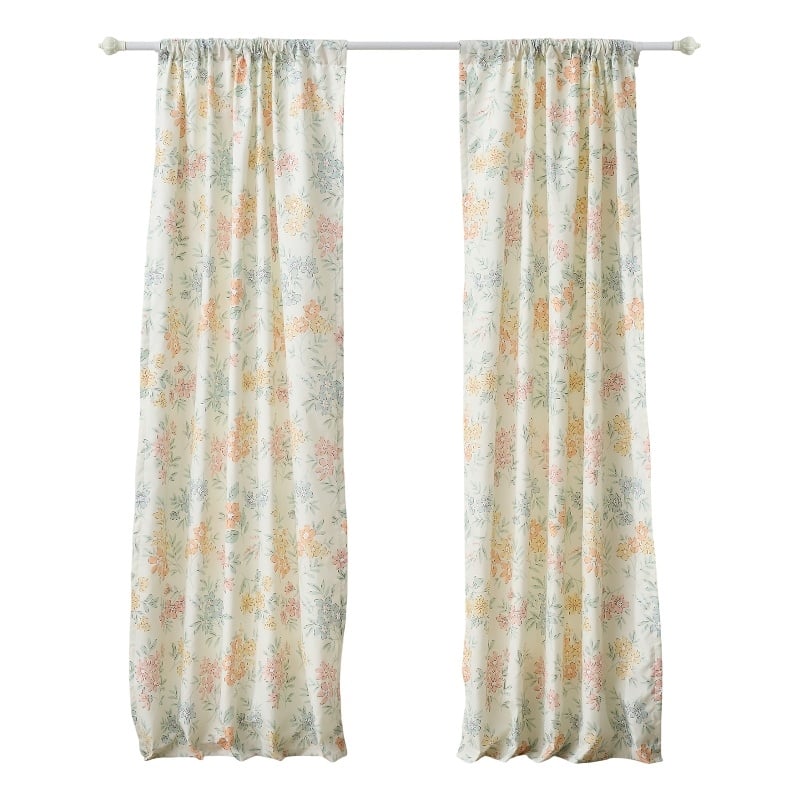 Benjara Loso 2 Panel Curtain Set- Microfiber- Soft White Green Floral Pattern