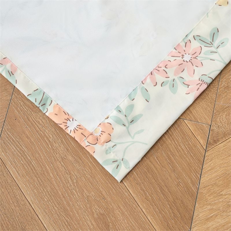 Benjara Loso 2 Panel Curtain Set- Microfiber- Soft White Green Floral Pattern