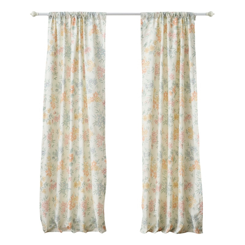 Benjara Loso 2 Panel Curtain Set- Microfiber- Soft White Green Floral Pattern