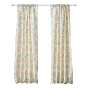 Benjara Loso 2 Panel Curtain Set- Microfiber- Soft White Green Floral Pattern