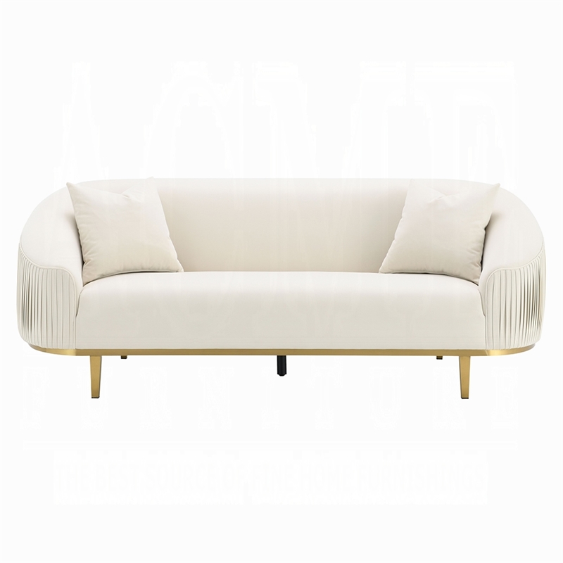 Benjara Artina Sofa- 2 Accent Throw Pillows- Ivory Velvet- Gold Metal- 89 Inch
