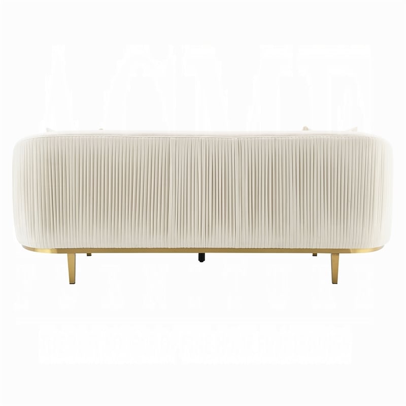 Benjara Artina Sofa- 2 Accent Throw Pillows- Ivory Velvet- Gold Metal- 89 Inch