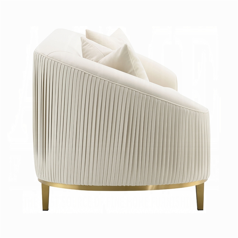 Benjara Artina Sofa- 2 Accent Throw Pillows- Ivory Velvet- Gold Metal- 89 Inch