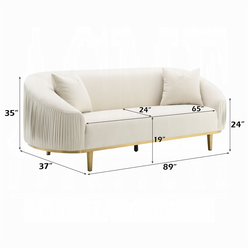 Benjara Artina Sofa- 2 Accent Throw Pillows- Ivory Velvet- Gold Metal- 89 Inch