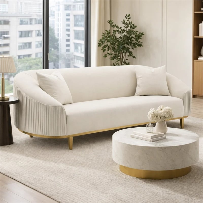 Benjara Artina Sofa- 2 Accent Throw Pillows- Ivory Velvet- Gold Metal- 89 Inch