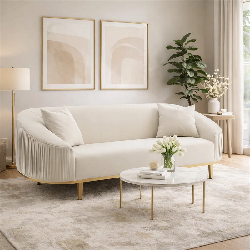 Benjara Artina Sofa- 2 Accent Throw Pillows- Ivory Velvet- Gold Metal- 89 Inch