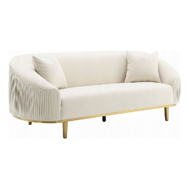 Benjara Artina Sofa- 2 Accent Throw Pillows- Ivory Velvet- Gold Metal- 89 Inch