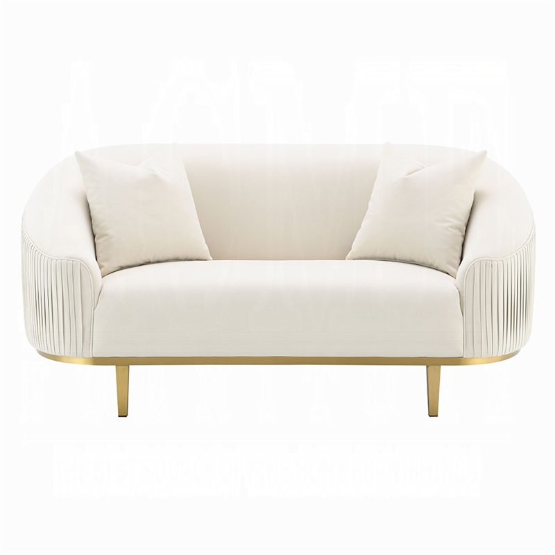 Benjara Artina Loveseat- 2 Accent Throw Pillows- Ivory Velvet and Gold 74 Inch