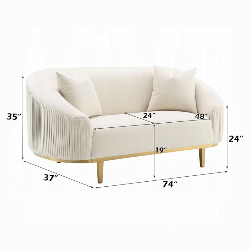 Benjara Artina Loveseat- 2 Accent Throw Pillows- Ivory Velvet and Gold 74 Inch