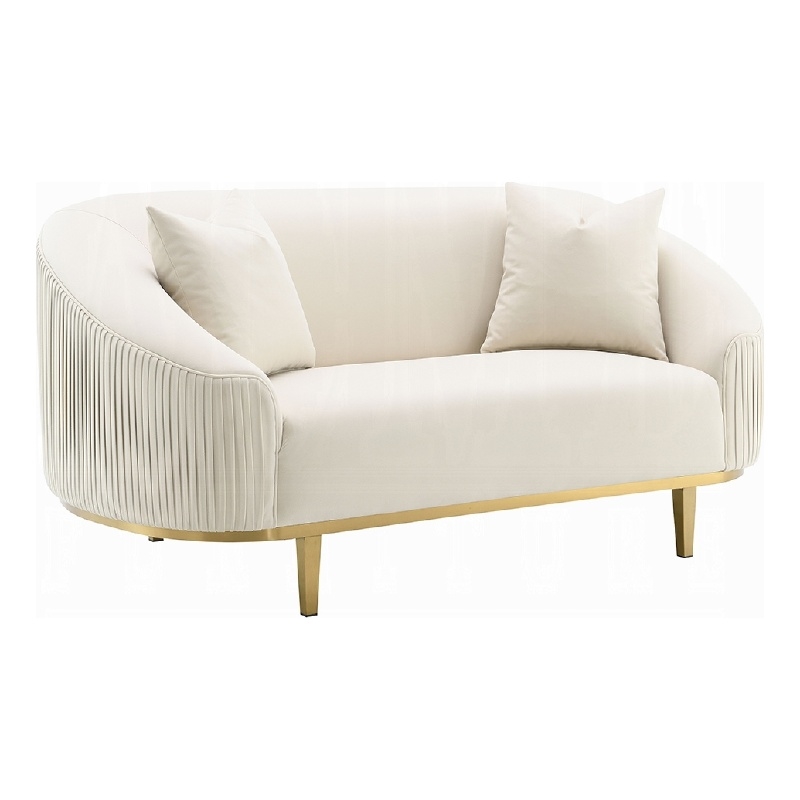 Benjara Artina Loveseat- 2 Accent Throw Pillows- Ivory Velvet and Gold 74 Inch