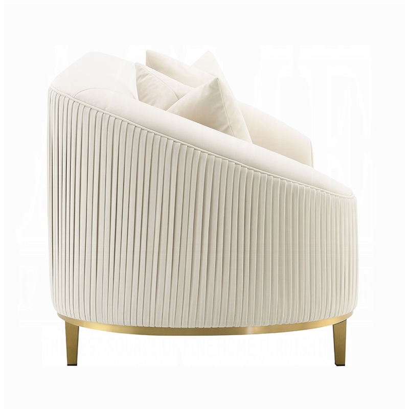 Benjara Artina Loveseat- 2 Accent Throw Pillows- Ivory Velvet and Gold 74 Inch