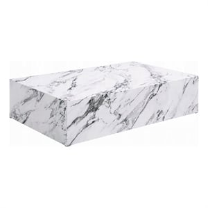 Benjara Ritzy Coffee Table- Modern Plinth- White Gray Faux Stone- 48 Inch