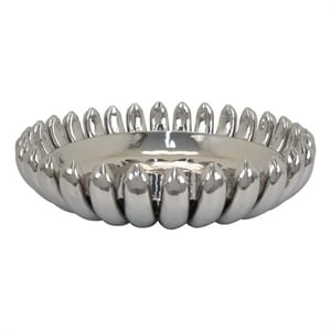 Benjara Zoma Accent Bowl- 16&quot Raised Rounded Edges- Silver Ceramic Body