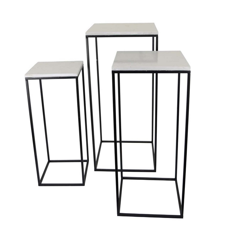 Benjara Plant Stand Table Set of 3- Black Metal- Square White Marble Top