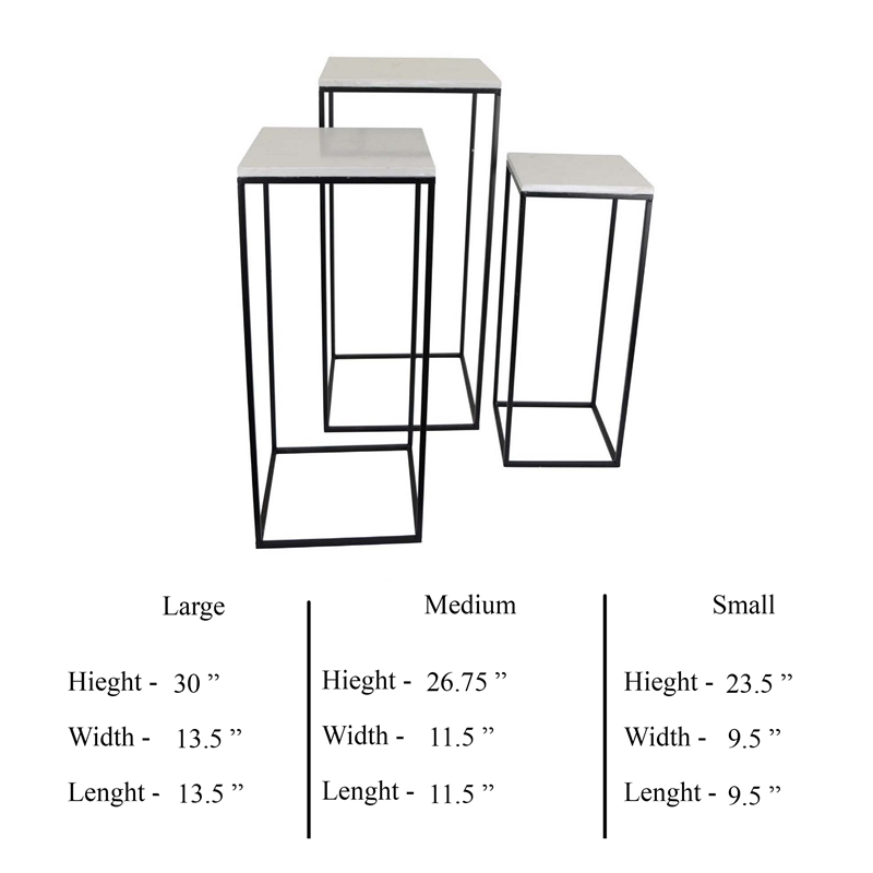 Benjara Plant Stand Table Set of 3- Black Metal- Square White Marble Top