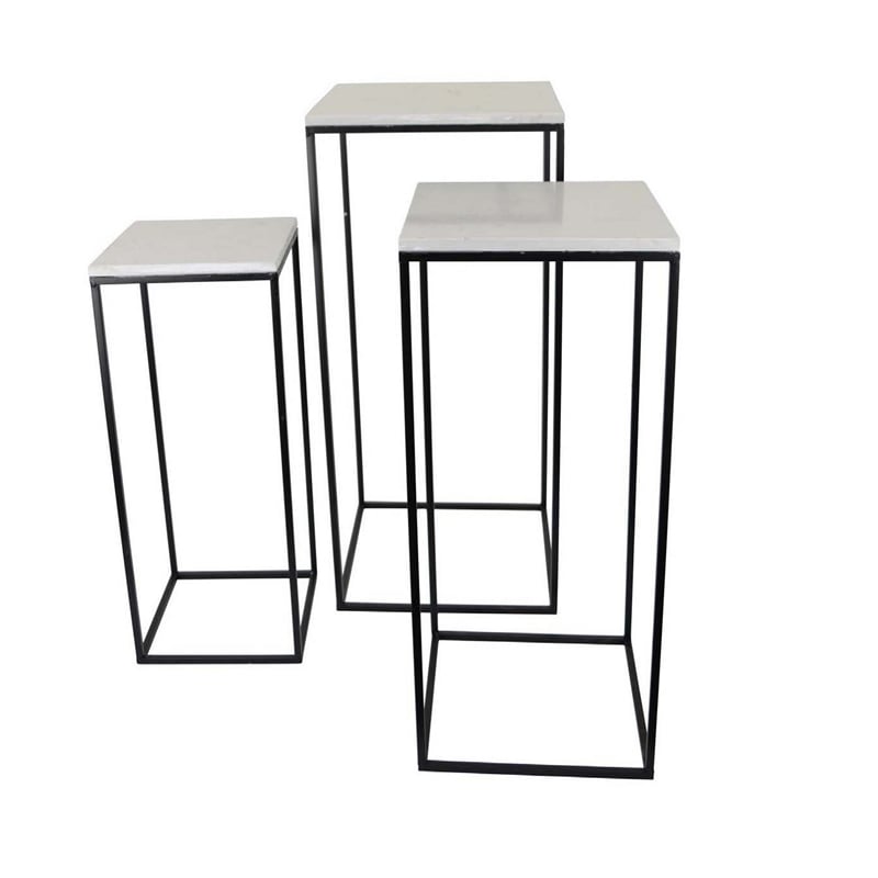 Benjara Plant Stand Table Set of 3- Black Metal- Square White Marble Top