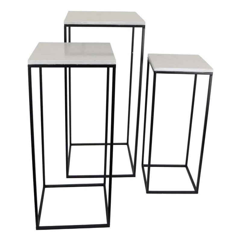 Benjara Plant Stand Table Set of 3- Black Metal- Square White Marble Top