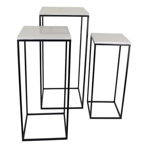 Benjara Plant Stand Table Set of 3- Black Metal- Square White Marble Top