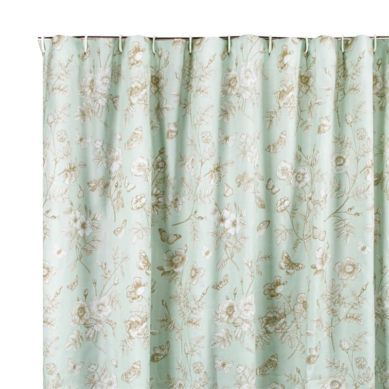 Benjara Vola Shower Curtain- 72 Inch- Floral Pattern- Light Green Polyester