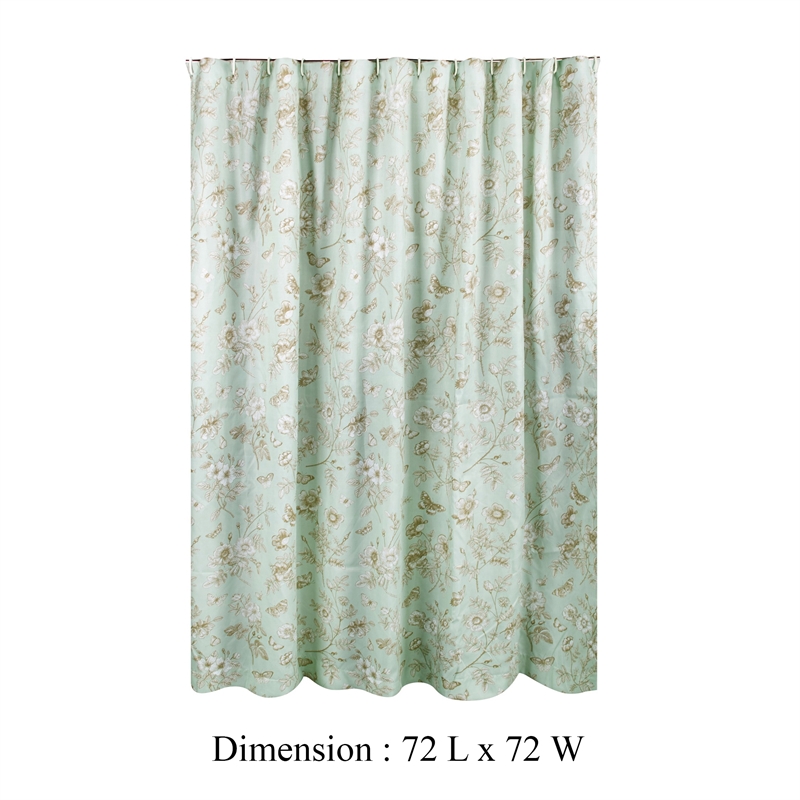 Benjara Vola Shower Curtain- 72 Inch- Floral Pattern- Light Green Polyester