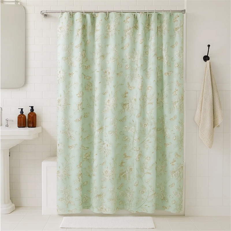Benjara Vola Shower Curtain- 72 Inch- Floral Pattern- Light Green Polyester