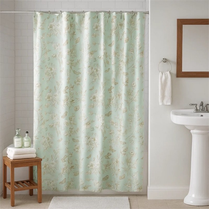 Benjara Vola Shower Curtain- 72 Inch- Floral Pattern- Light Green Polyester