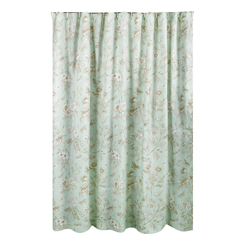 Benjara Vola Shower Curtain- 72 Inch- Floral Pattern- Light Green Polyester