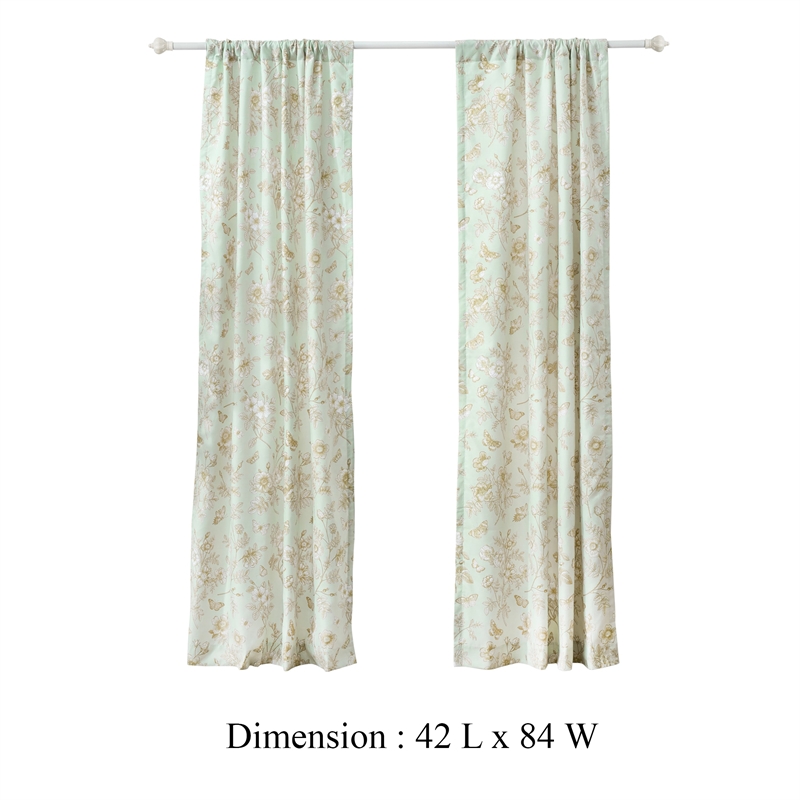 Benjara Vola 2 Panel Curtain Set- Light Mint Green Microfiber- Floral Pattern