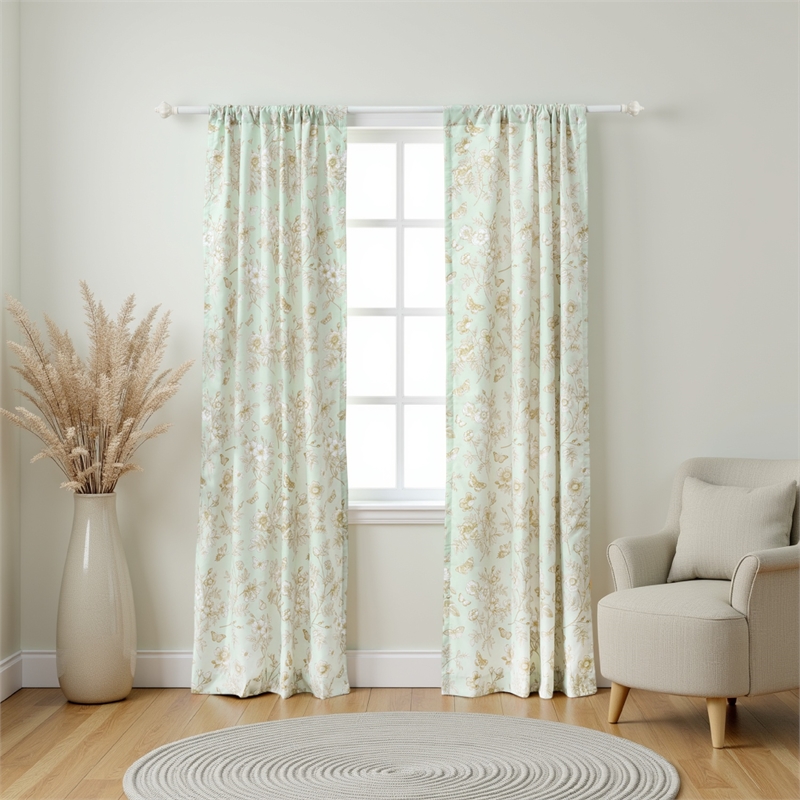 Benjara Vola 2 Panel Curtain Set- Light Mint Green Microfiber- Floral Pattern