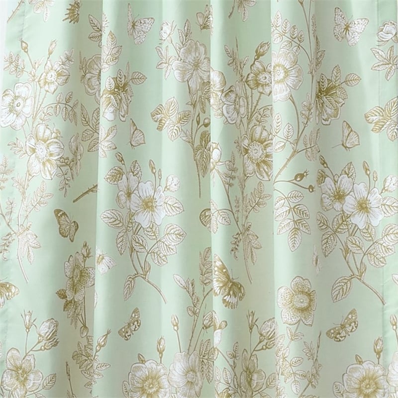 Benjara Vola 2 Panel Curtain Set- Light Mint Green Microfiber- Floral Pattern