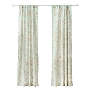 Benjara Vola 2 Panel Curtain Set- Light Mint Green Microfiber- Floral Pattern