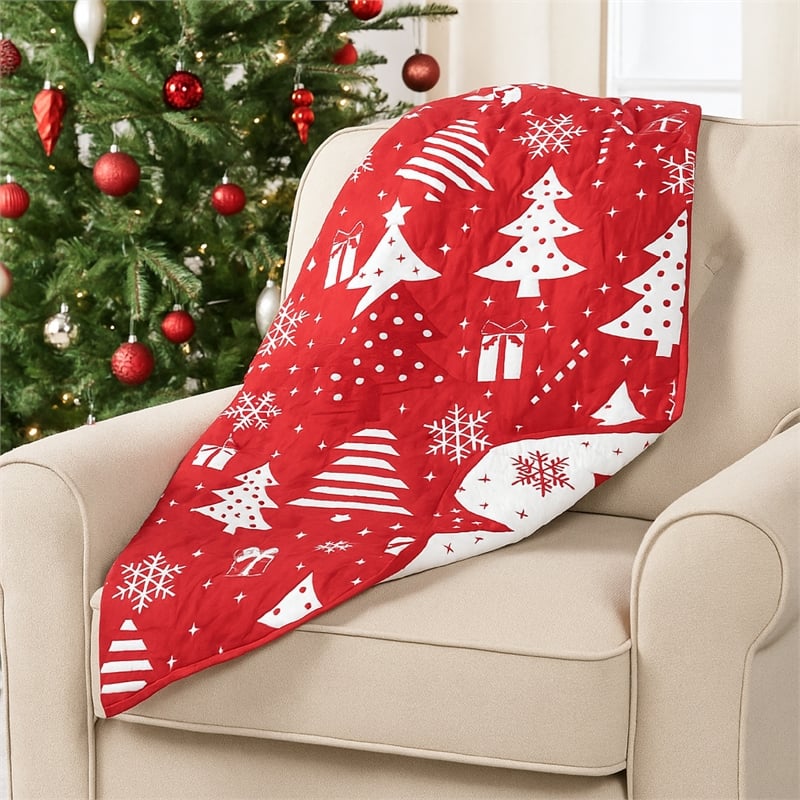 Benjara Daru Throw Blanket- 50x60- Christmas Theme- Red and White Polyester
