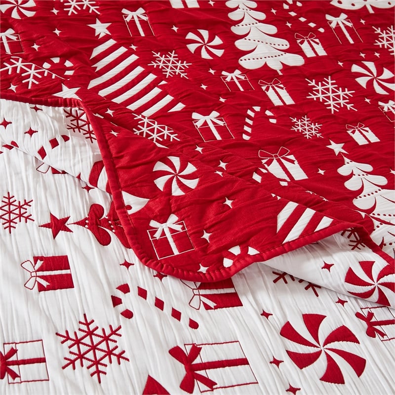 Benjara Daru Throw Blanket- 50x60- Christmas Theme- Red and White Polyester