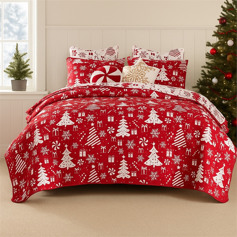 Benjara Daru 2 Piece Twin Quilt Set- Red and White Polyester- Christmas Theme