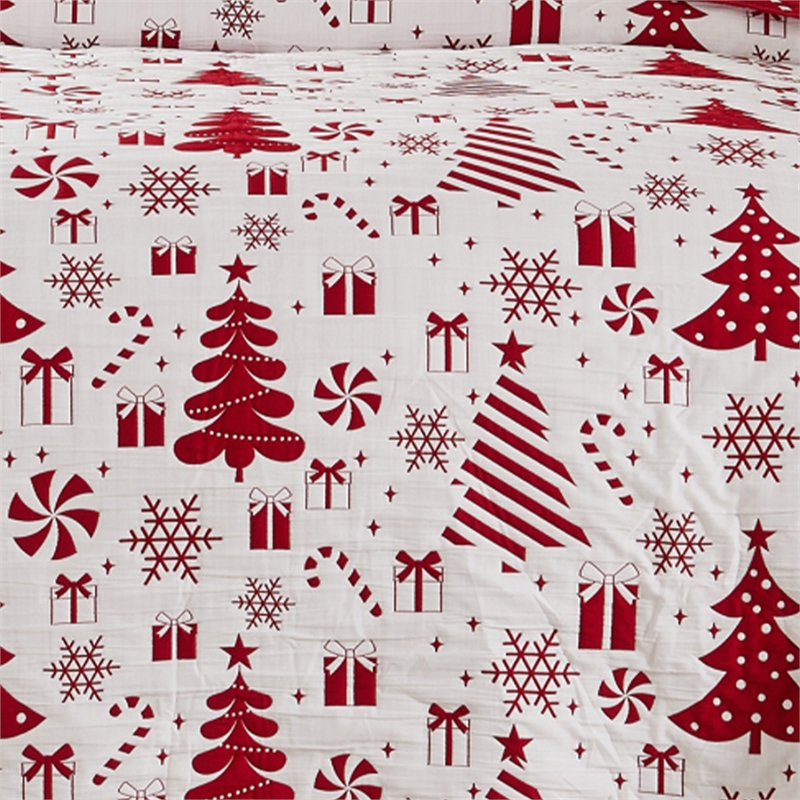 Benjara Daru 2 Piece Twin Quilt Set- Red and White Polyester- Christmas Theme