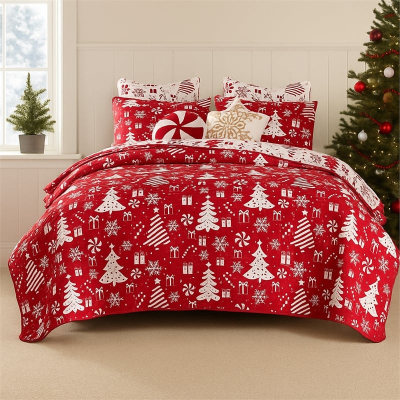 Benjara Daru 2 Piece Twin Quilt Set- Red and White Polyester- Christmas Theme