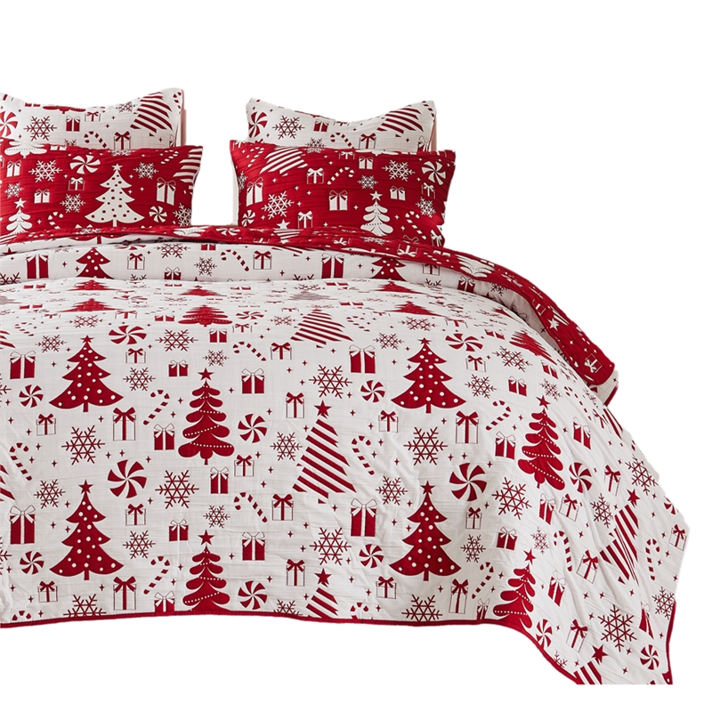 Benjara Daru 2 Piece Twin Quilt Set- Red and White Polyester- Christmas Theme