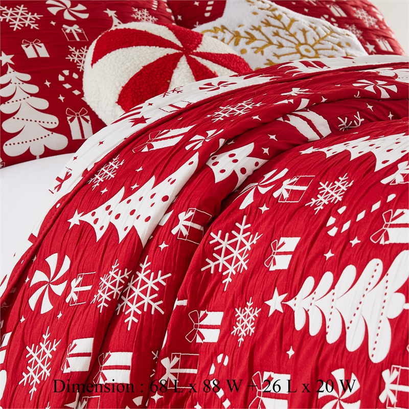 Benjara Daru 3 Piece Queen Quilt Set- Red and White Polyester- Christmas Theme