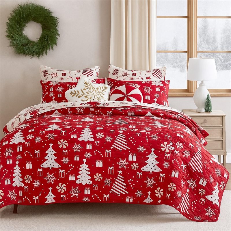 Benjara Daru 3 Piece Queen Quilt Set- Red and White Polyester- Christmas Theme
