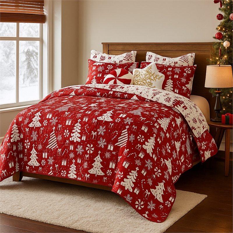 Benjara Daru 3 Piece King Quilt Set- Red and White Polyester- Christmas Theme