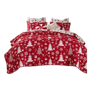 Benjara Daru 3 Piece King Quilt Set- Red and White Polyester- Christmas Theme