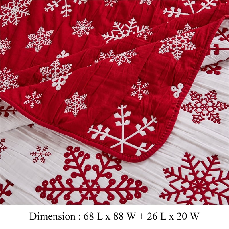 Benjara Flok 2 Piece Twin Quilt Set- Red and White Polyester- Snowflake Theme