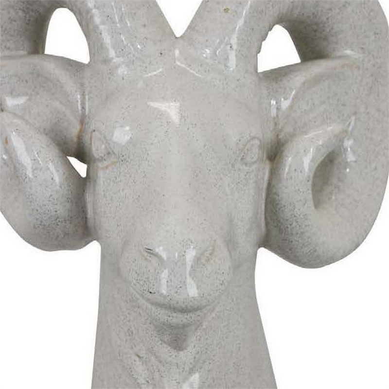 Benjara Accent Tabletop Decor- Strong Ram Head Design- White Ceramic 14 Inch