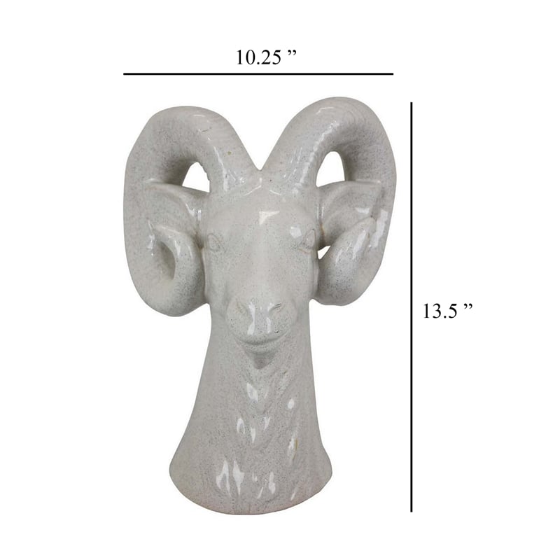 Benjara Accent Tabletop Decor- Strong Ram Head Design- White Ceramic 14 Inch