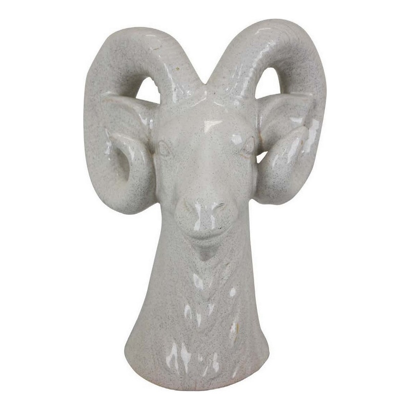 Benjara Accent Tabletop Decor- Strong Ram Head Design- White Ceramic 14 Inch