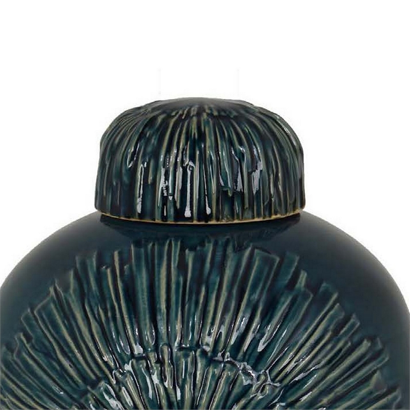 Benjara Accent Flower Vase w Lid- Rich Textured Deep Blue Ceramic- 13 Inch