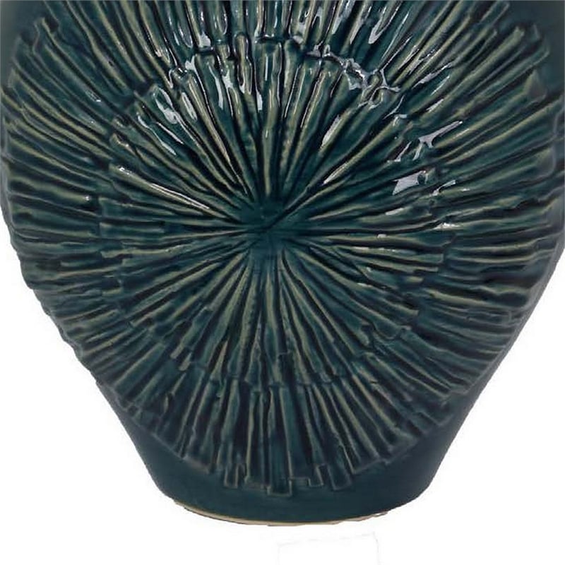 Benjara Accent Flower Vase w Lid- Rich Textured Deep Blue Ceramic- 13 Inch