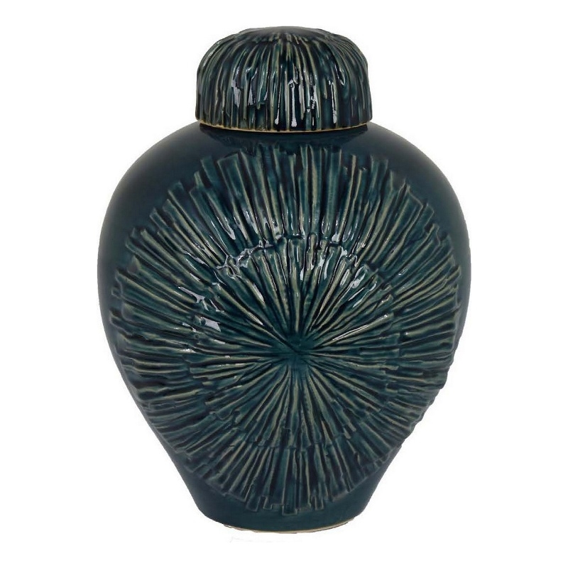 Benjara Accent Flower Vase w Lid- Rich Textured Deep Blue Ceramic- 13 Inch