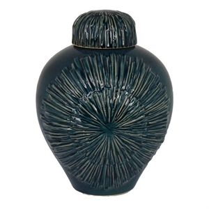 Benjara Accent Flower Vase w Lid- Rich Textured Deep Blue Ceramic- 13 Inch